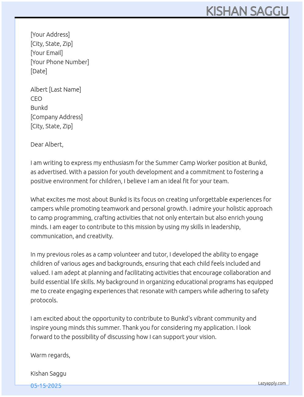 Summer Camp Worker At Bunkd  Cover Letter