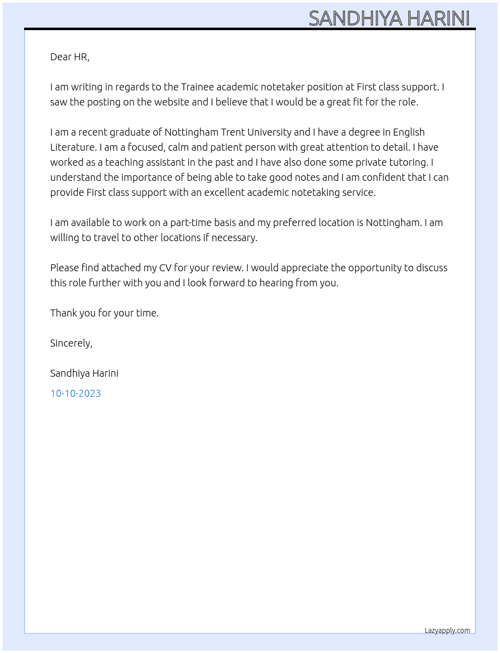 Trainee academic notetaker At First class support  Cover Letter