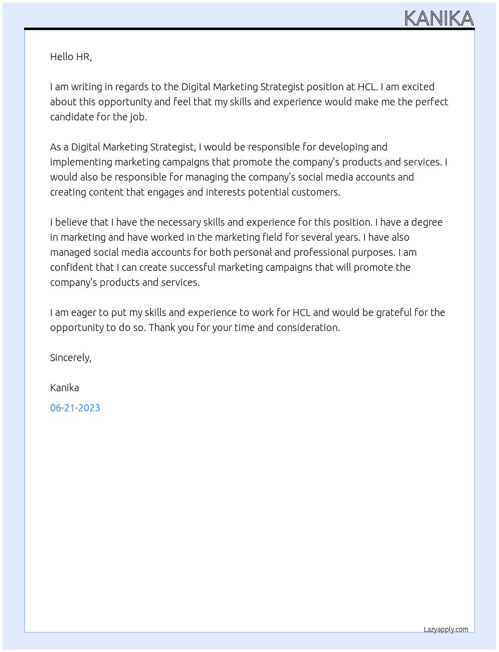 Digital Marketing Strategist At HCL Cover Letter