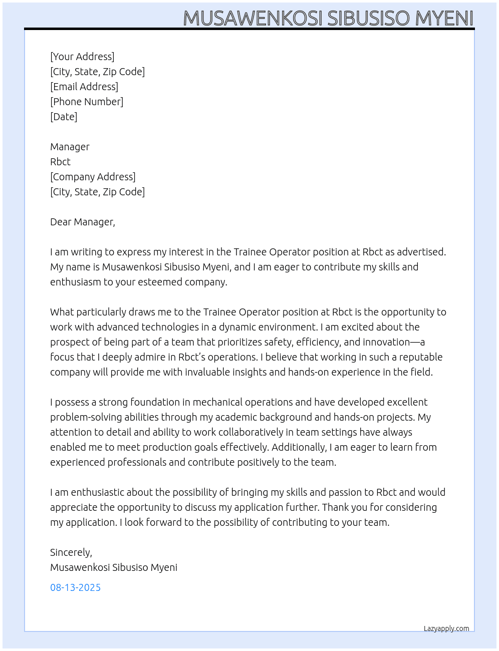 Tranie operator At Rbct Cover Letter