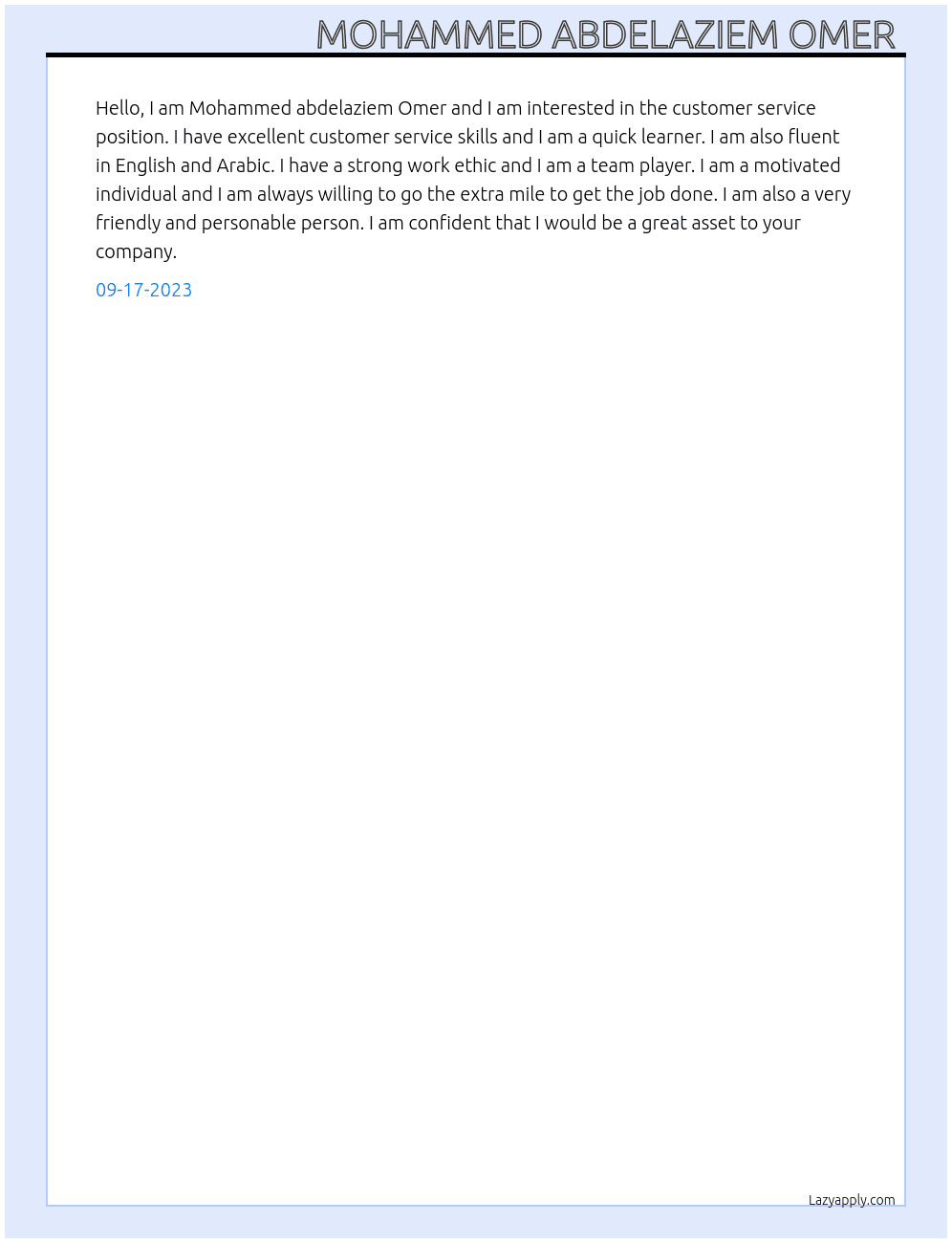 Customer service  At I don't know  Cover Letter