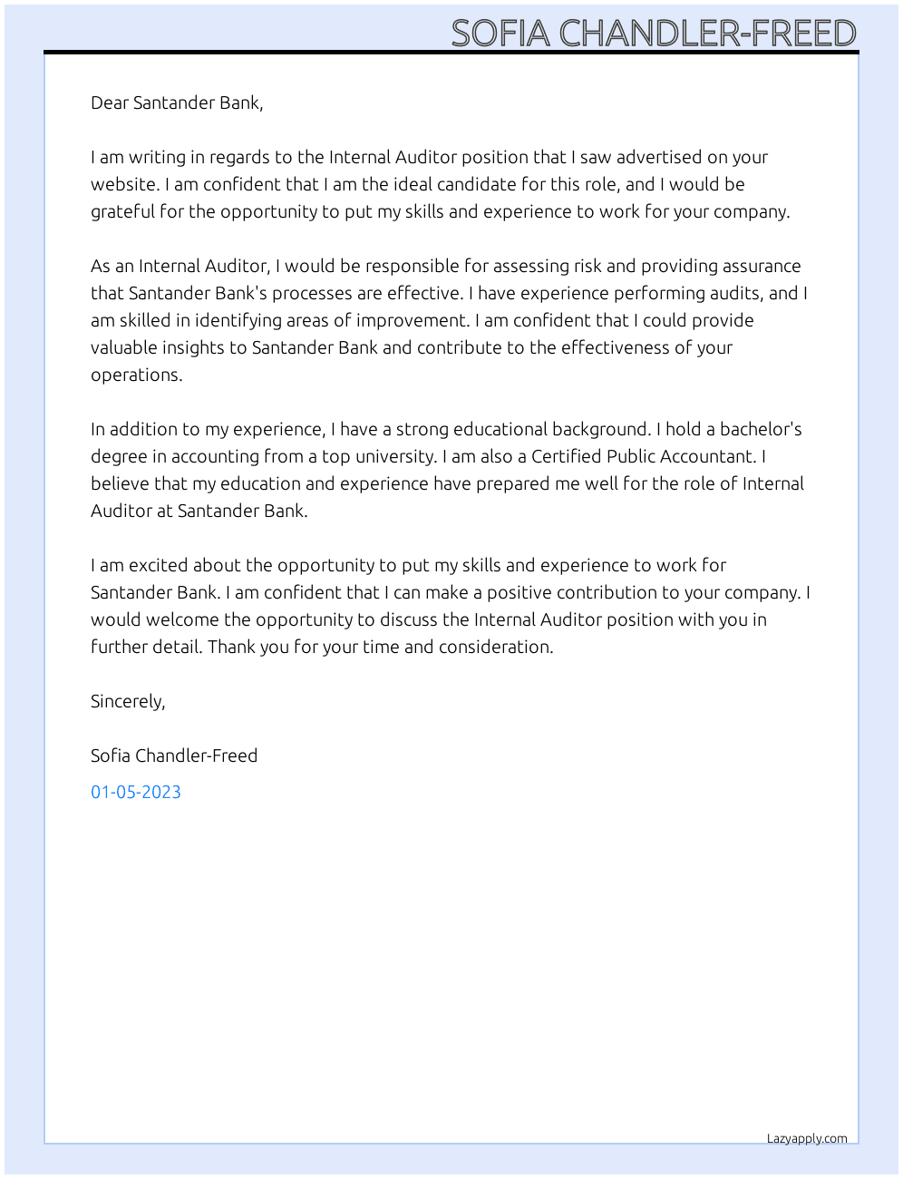 Internal Auditor At Santander Bank Cover Letter