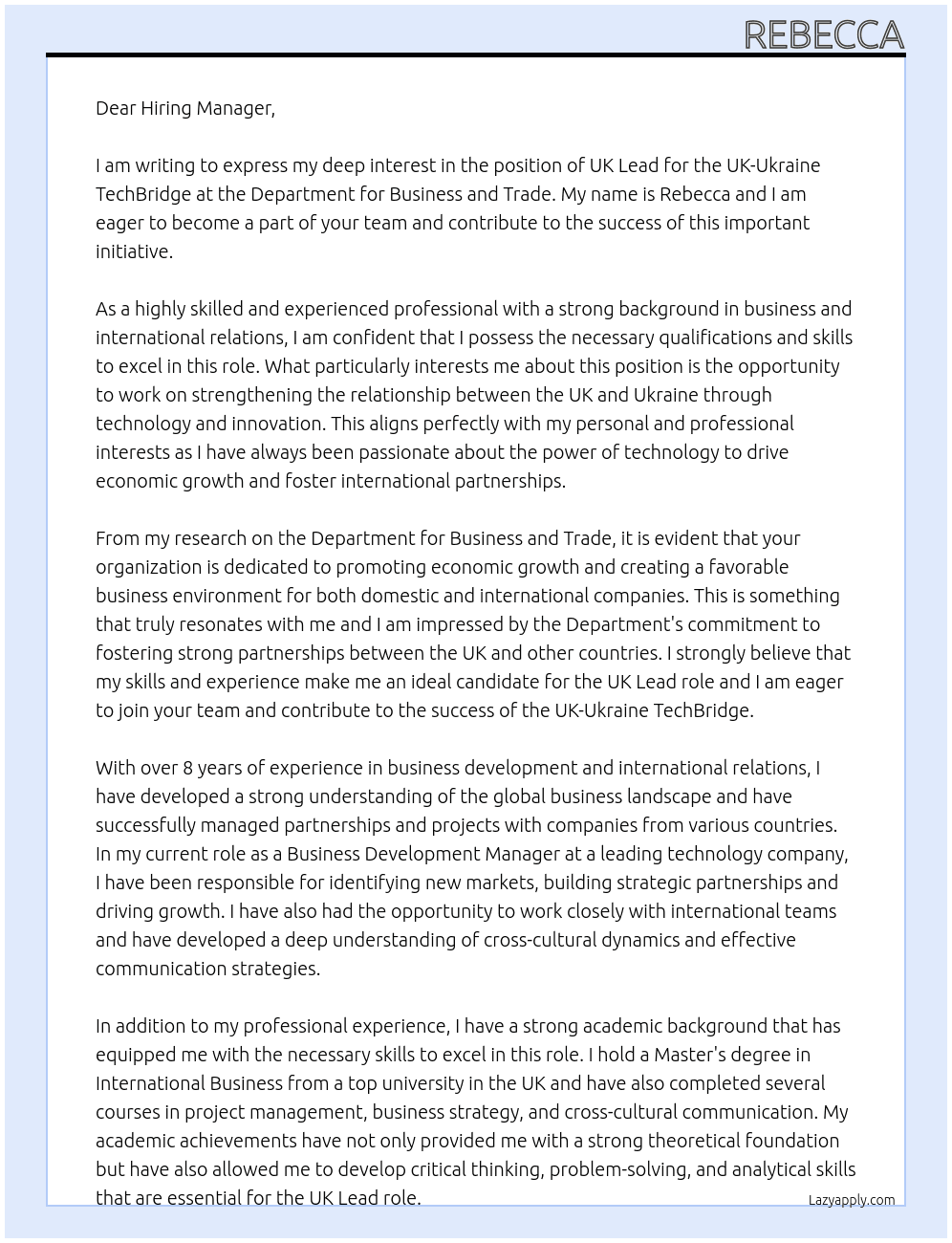 UK Lead for the UK-Ukraine TechBridge At Department for Business and Trade Cover Letter