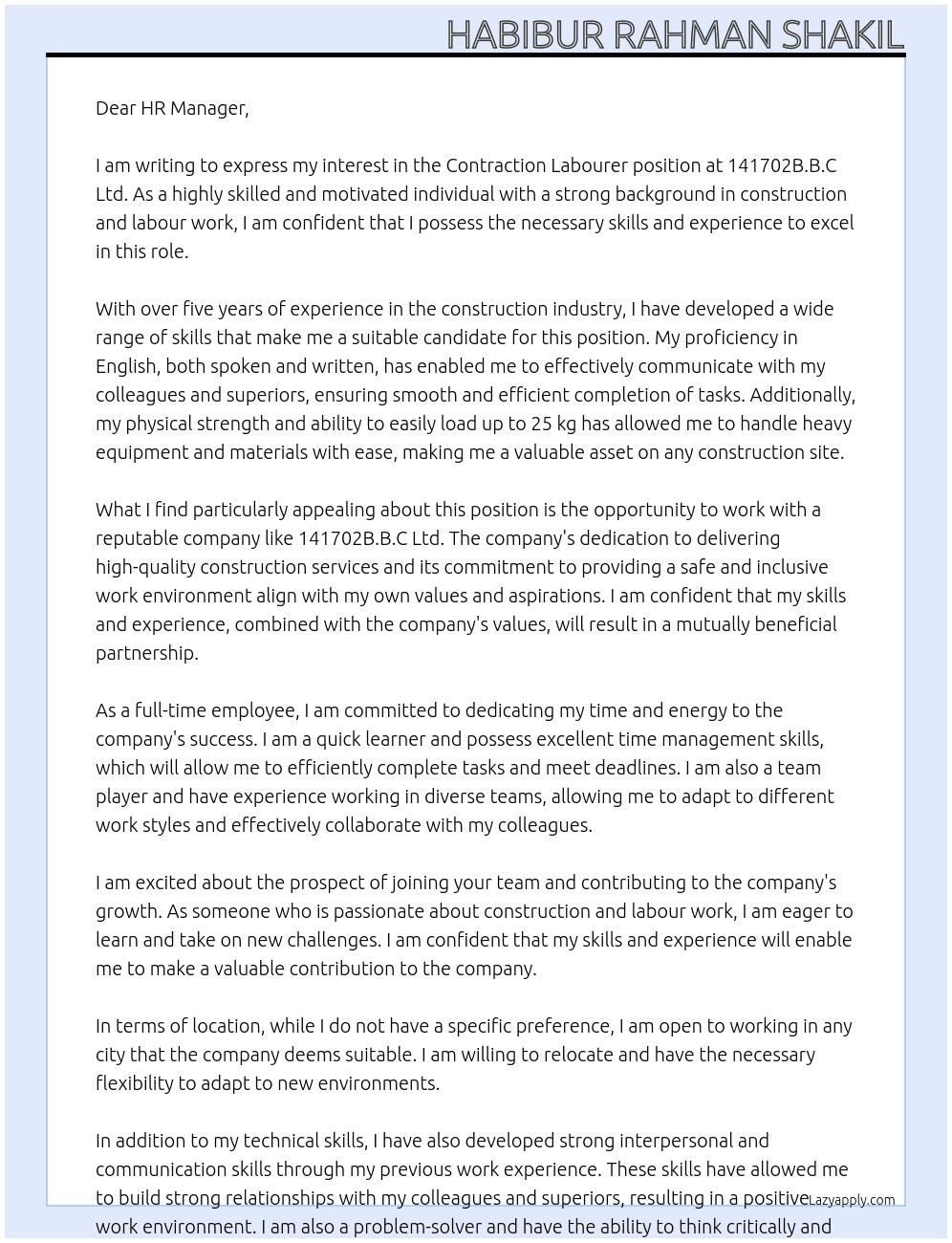 Contraction labourer  At 141702B.B.C Ltd Cover Letter