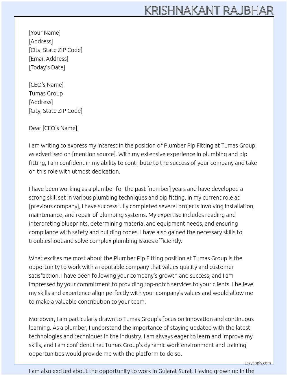 Plumber pip fiting At Tumas Group: Cover Letter