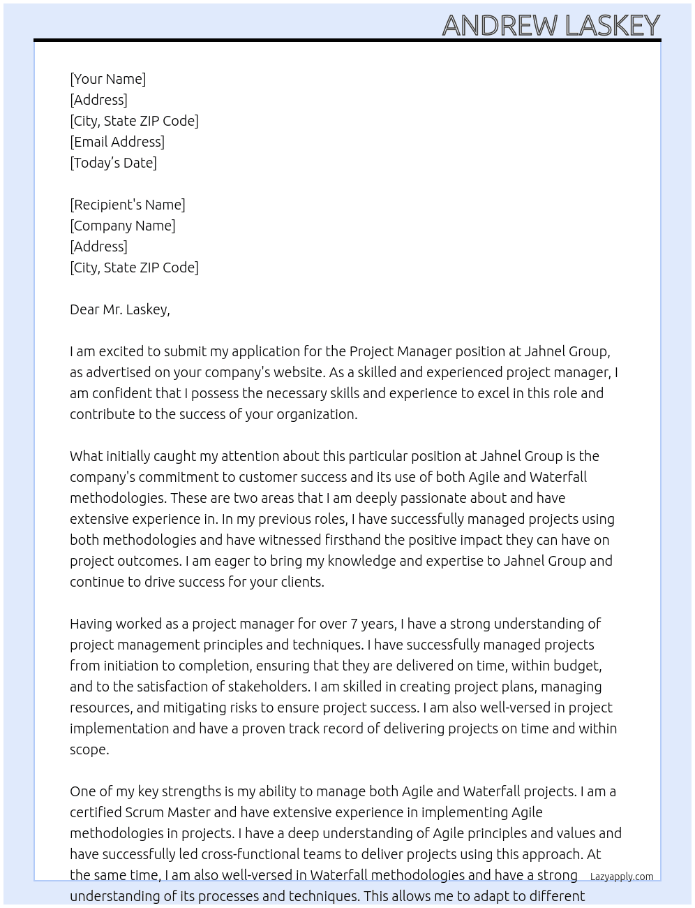 Project Manager At Jahnel Group Cover Letter