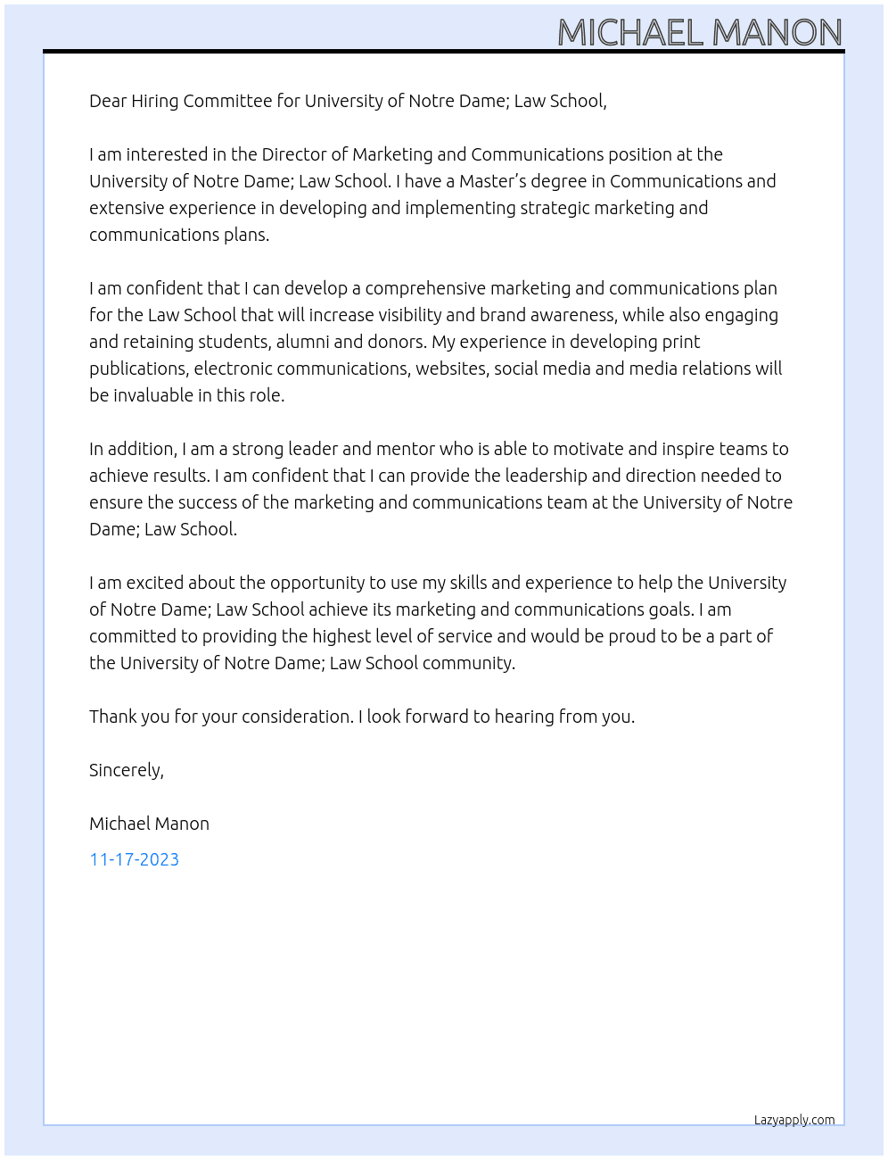 Director of Marketing and Communications At University of Notre Dame; Law School Cover Letter