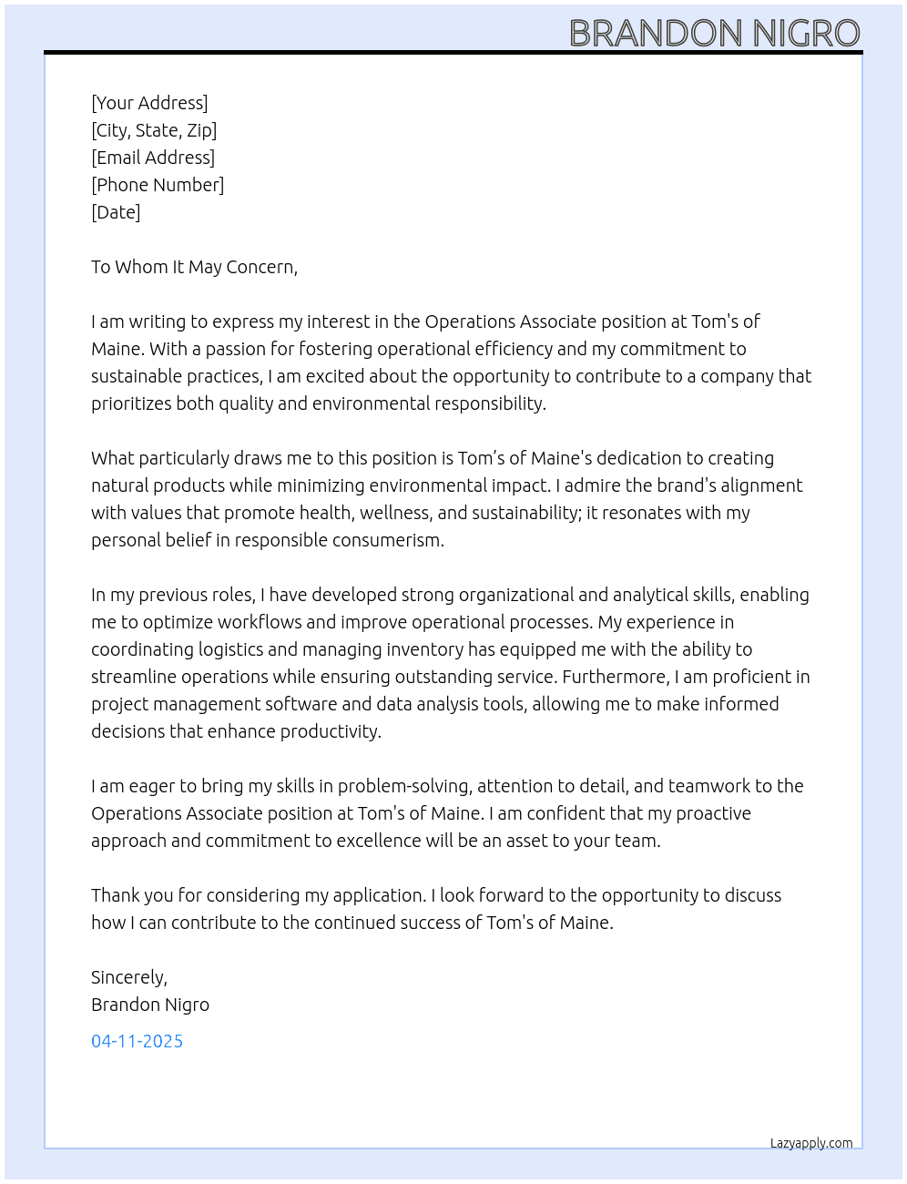 Operations Associate  At Tom's of Maine Cover Letter