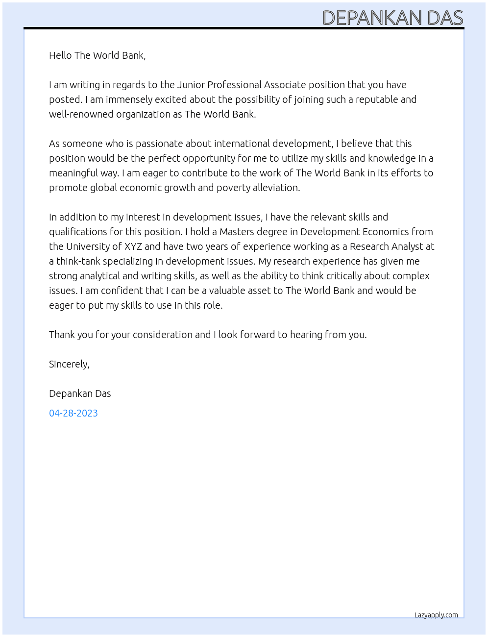 Junior Professional Associate At The Worls Bank Cover Letter