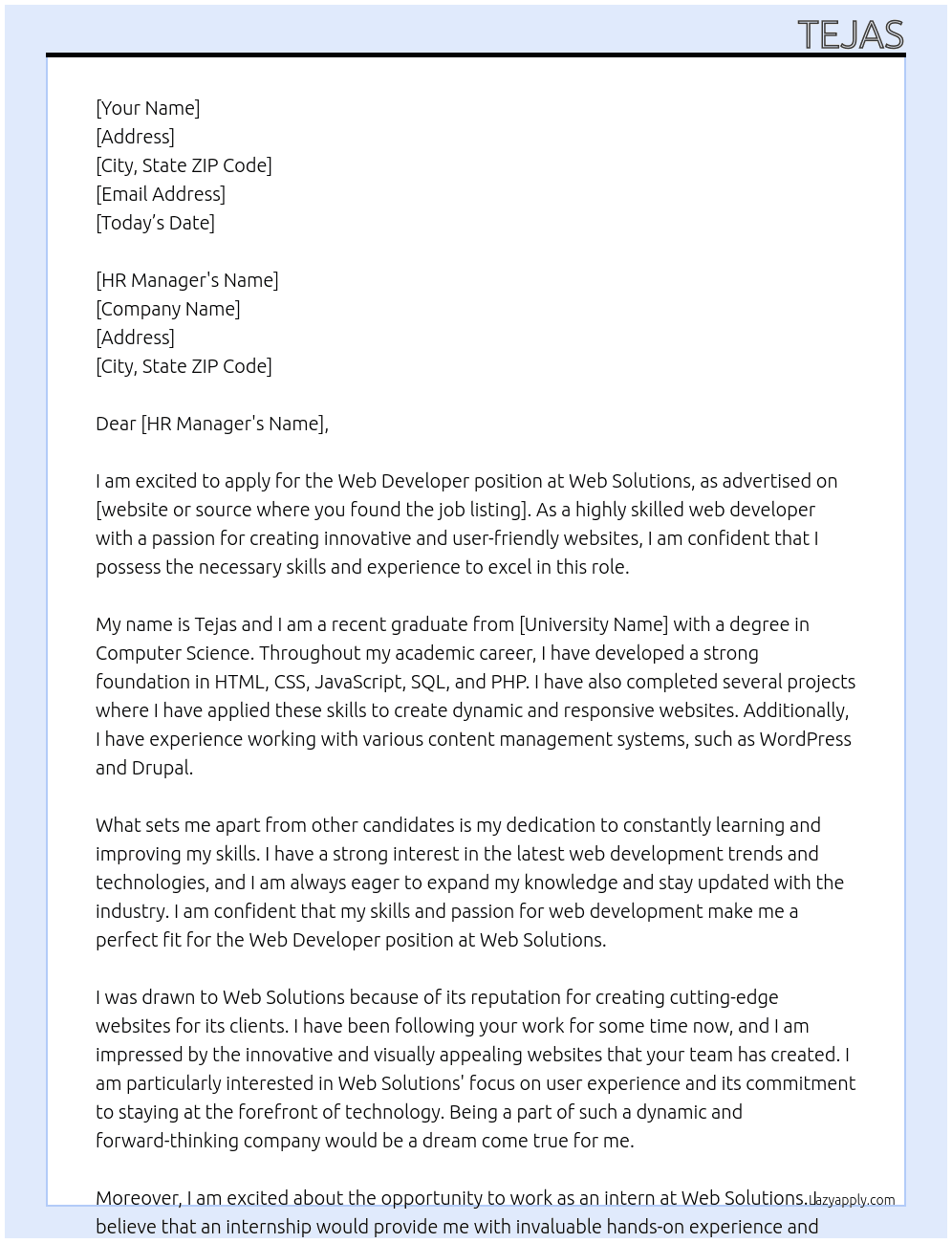 Web Developer At Web Solutions Cover Letter