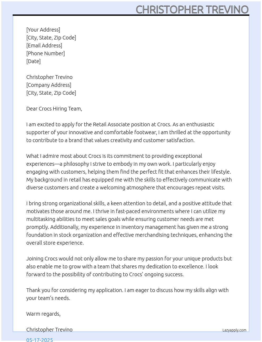retail associate  At Christopher Trevino Cover Letter