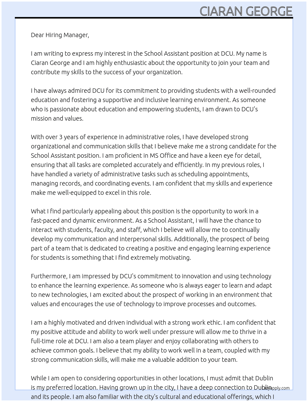 School Assistant At DCU Cover Letter