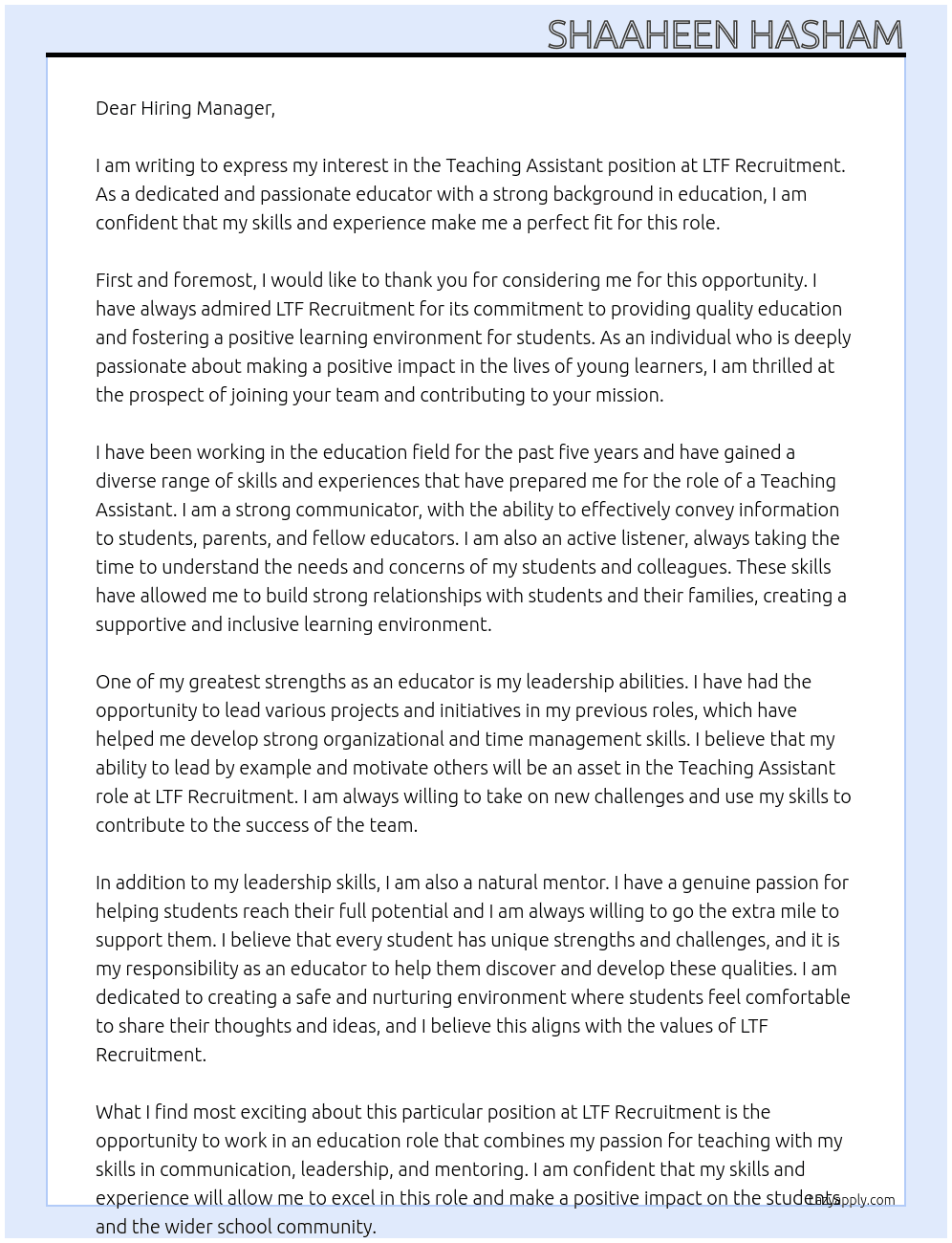 Teaching Assistant At LTF Recruitment  Cover Letter