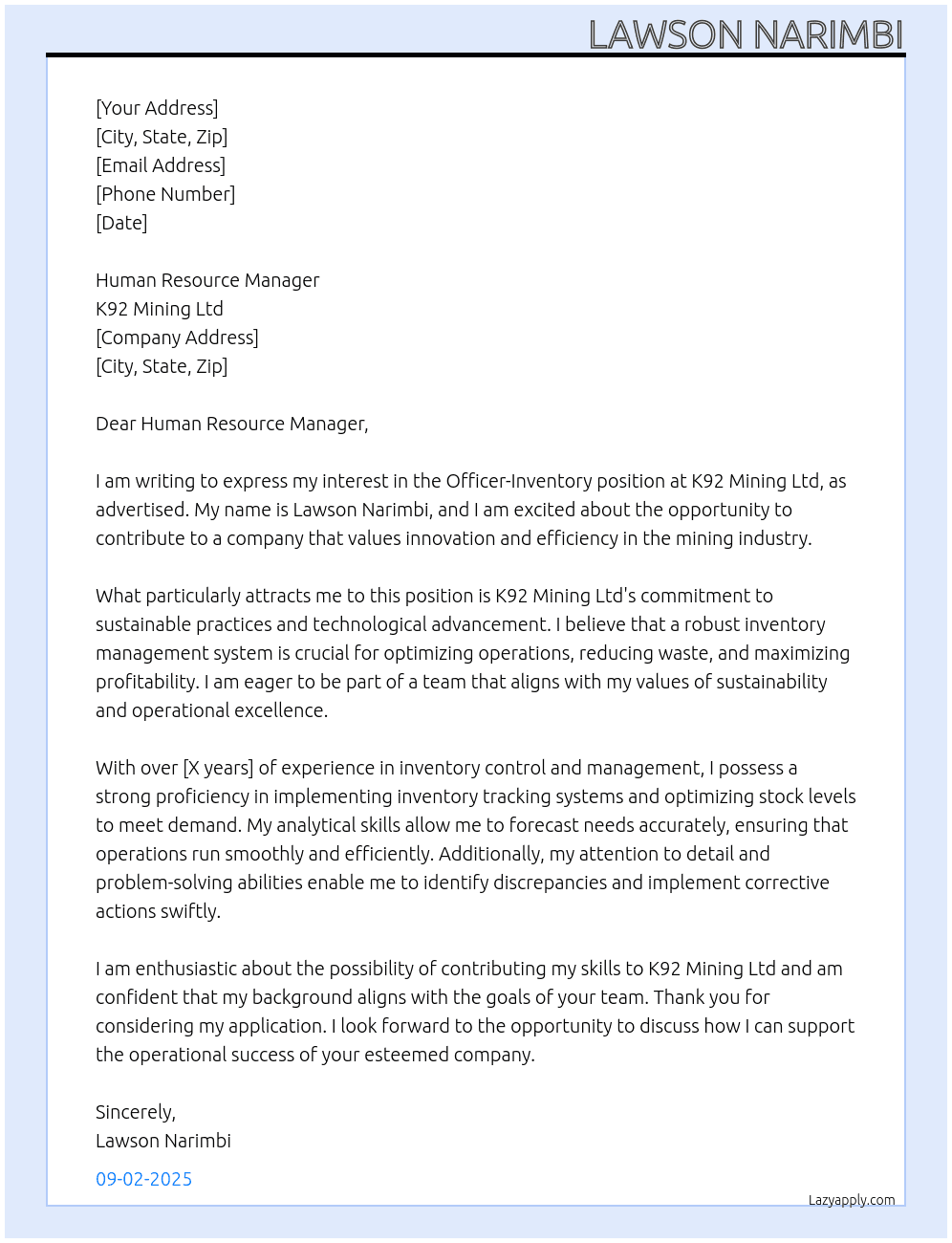 Officer-Inventory  At K92 Mining Ltd  Cover Letter
