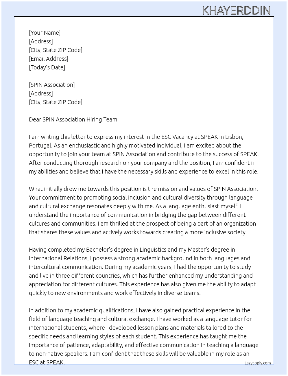 ESC VACANCY AT SPEAK, LISBON, PORTUGAL At SPIN ASSOCIATION Cover Letter