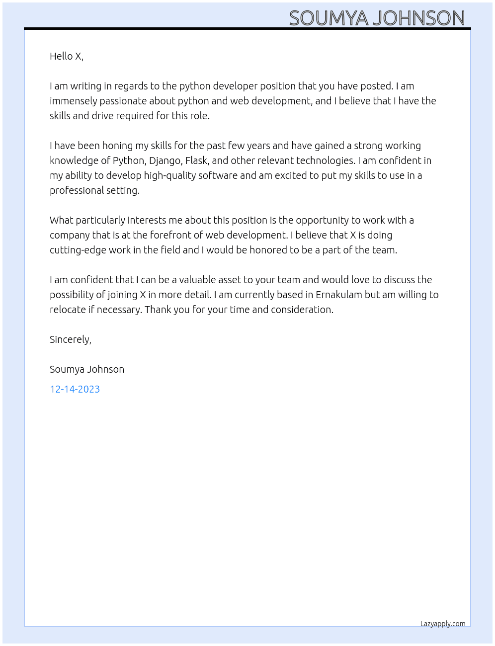 Python developer fresher  At X Cover Letter