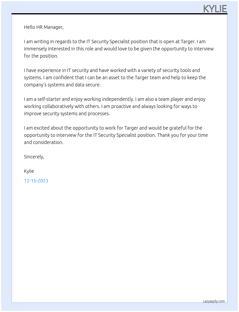 IT Security Specialist At Targer Cover Letter