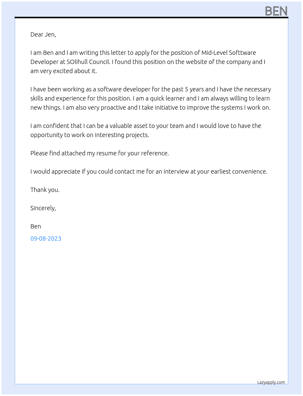 Mid-Level Softtware Developer At SOlihull Council Cover Letter