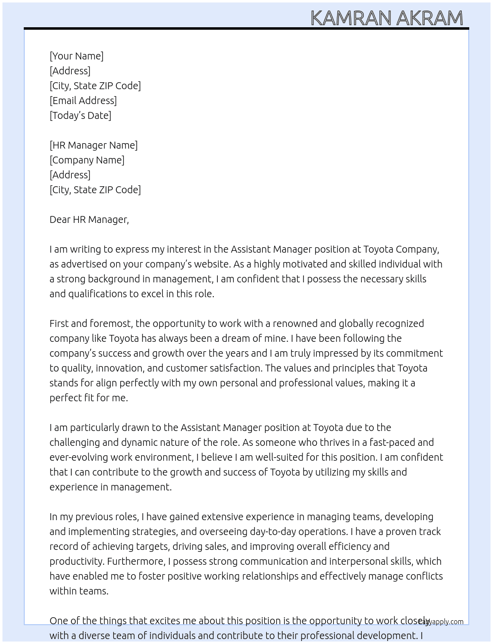 Assistant Manager  At Toyota Company  Cover Letter