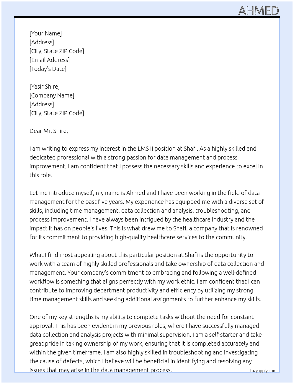 LMS II At Shafi Cover Letter