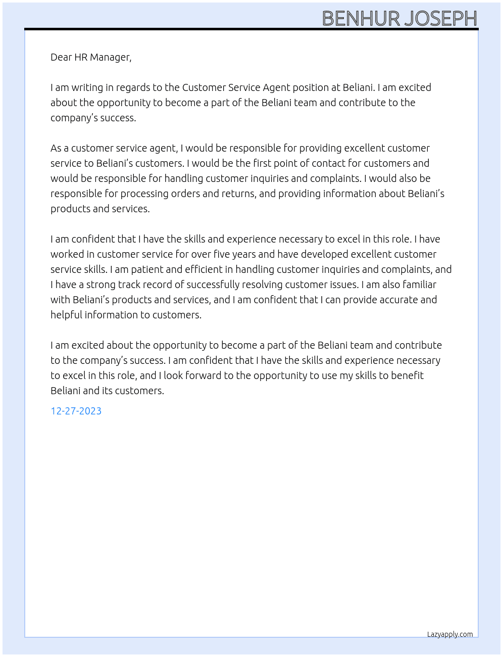 Customer Service Agent At Beliani Cover Letter
