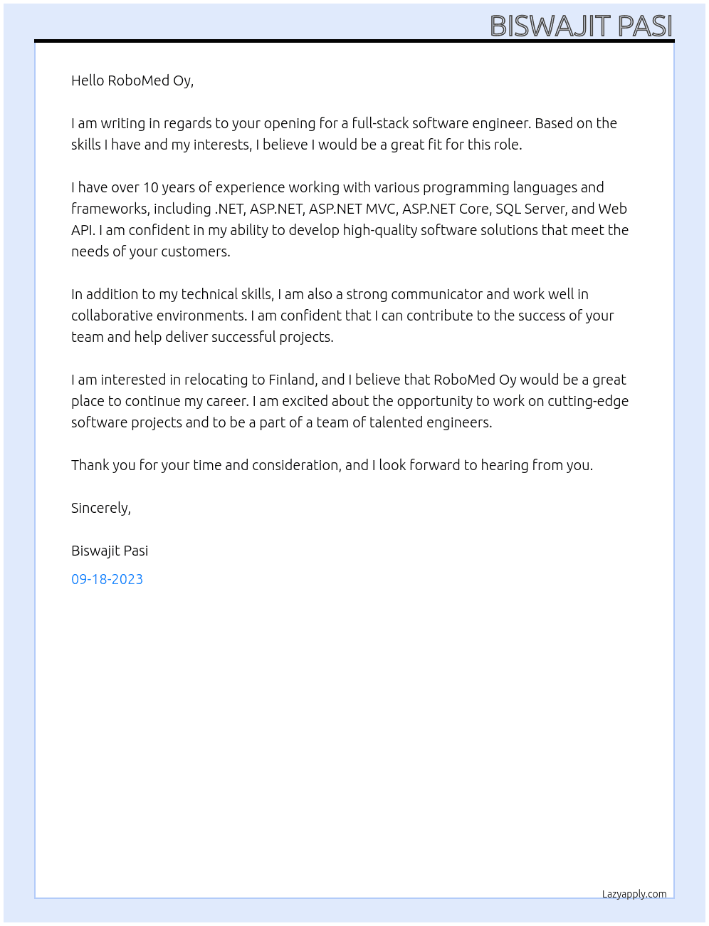full-stack software engineer At RoboMed Oy Cover Letter