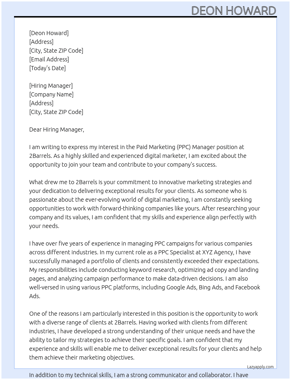 Paid Marketing (PPC) Manager At 2Barrels Cover Letter