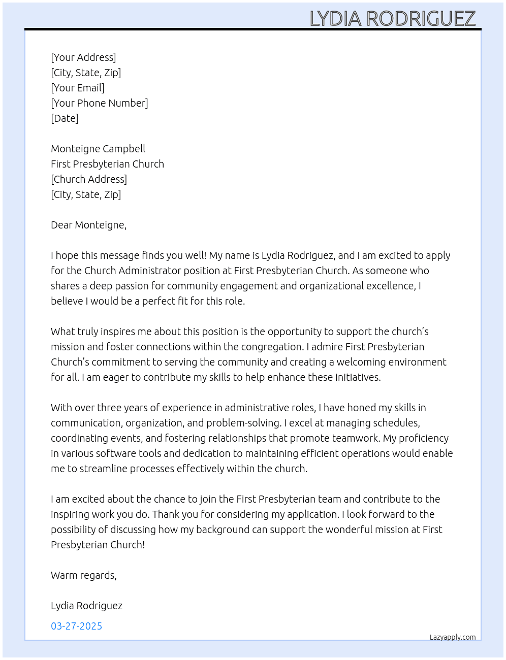 Cover letter for church admin - LazyApply