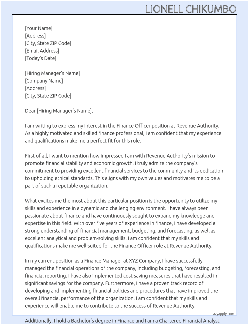 Finance Officer At Revenue Authority Cover Letter