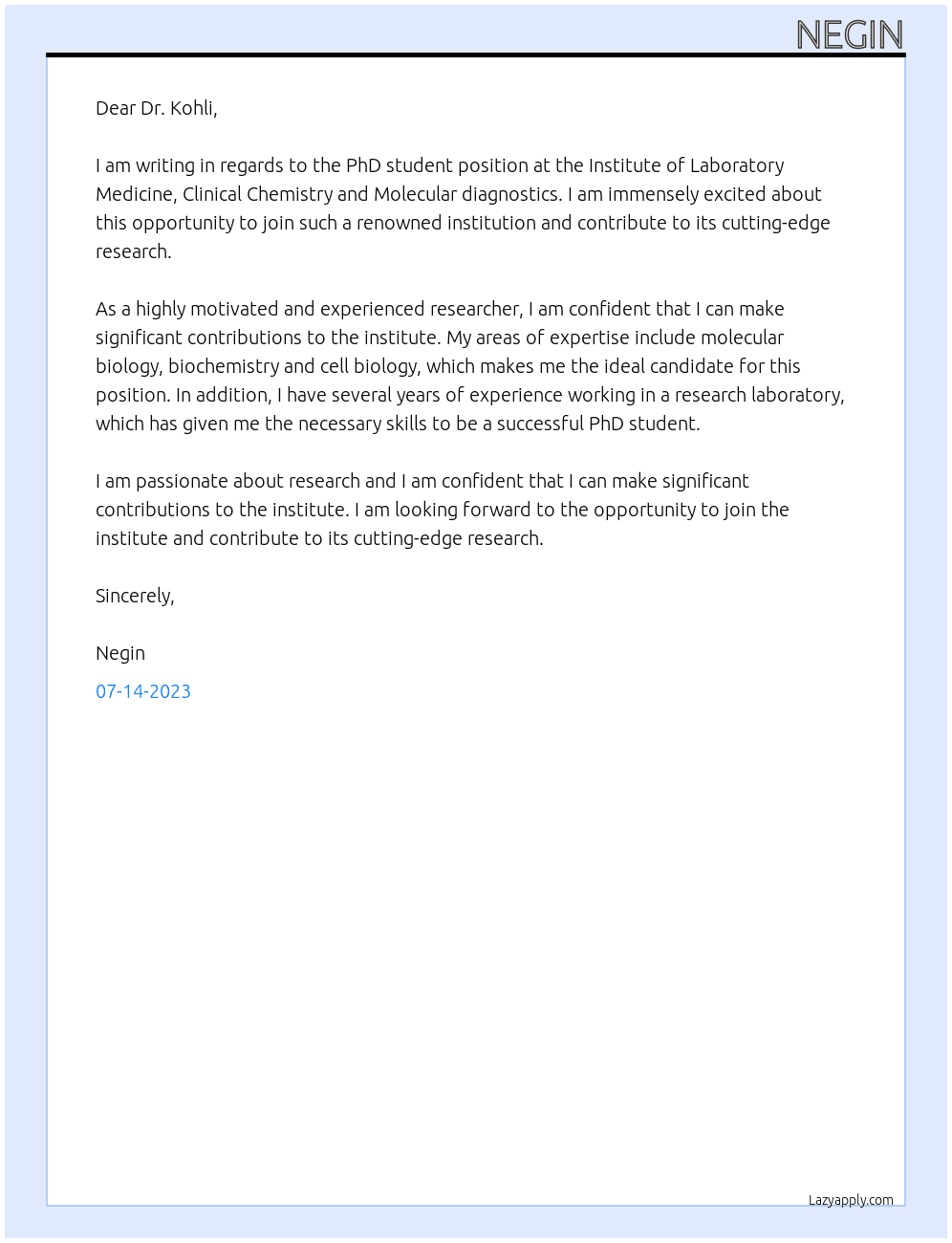 Phd student At Institute of Laboratory Medicine, Clinical Chemistry and  Molecular diagnostics Cover Letter