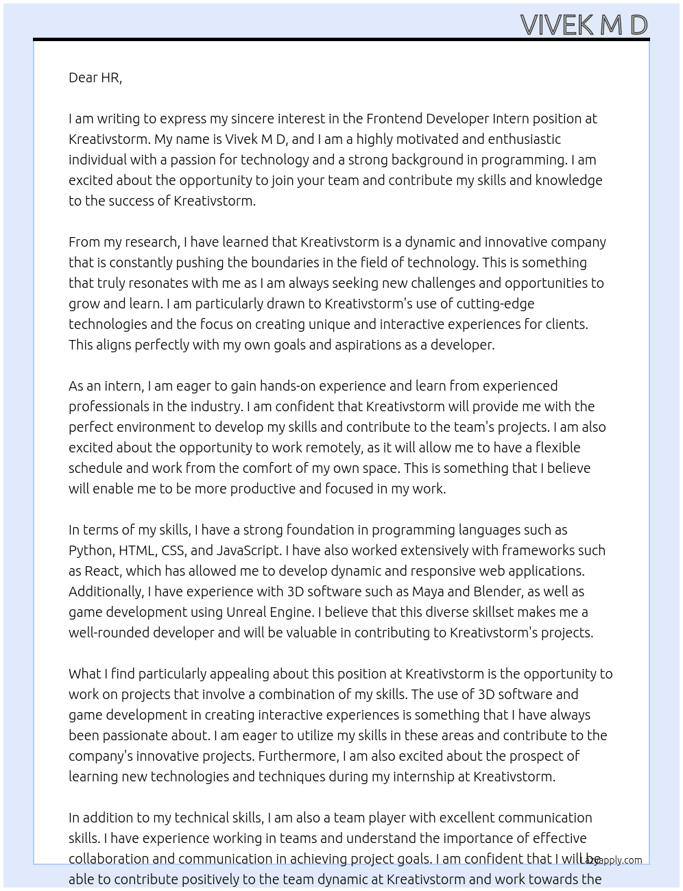 Frontend Developer - Intern At Kreativstorm Cover Letter