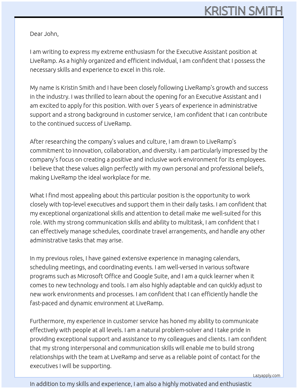 Executive Assistant At LiveRamp Cover Letter