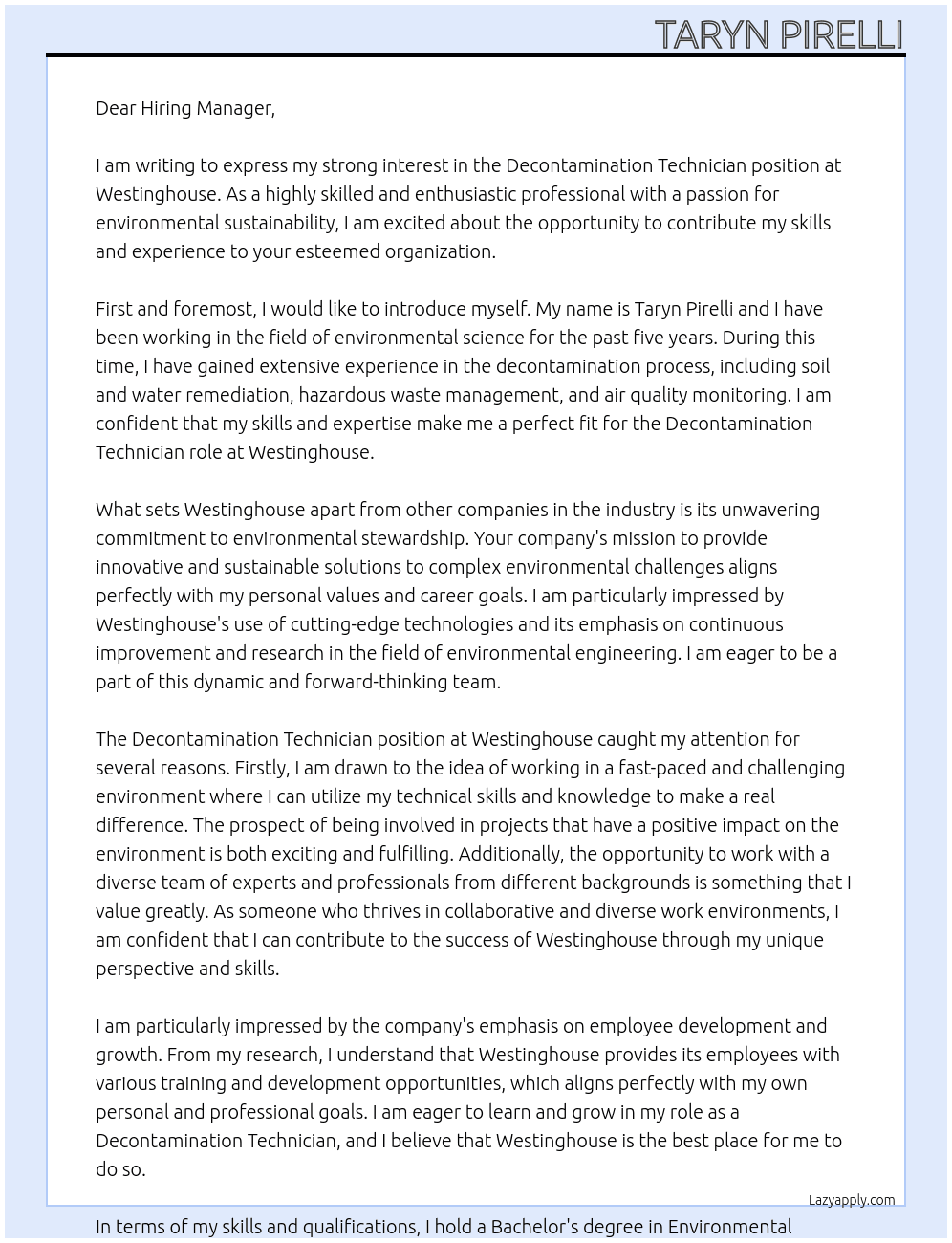 Decontamination Technician At Westinghouse Cover Letter