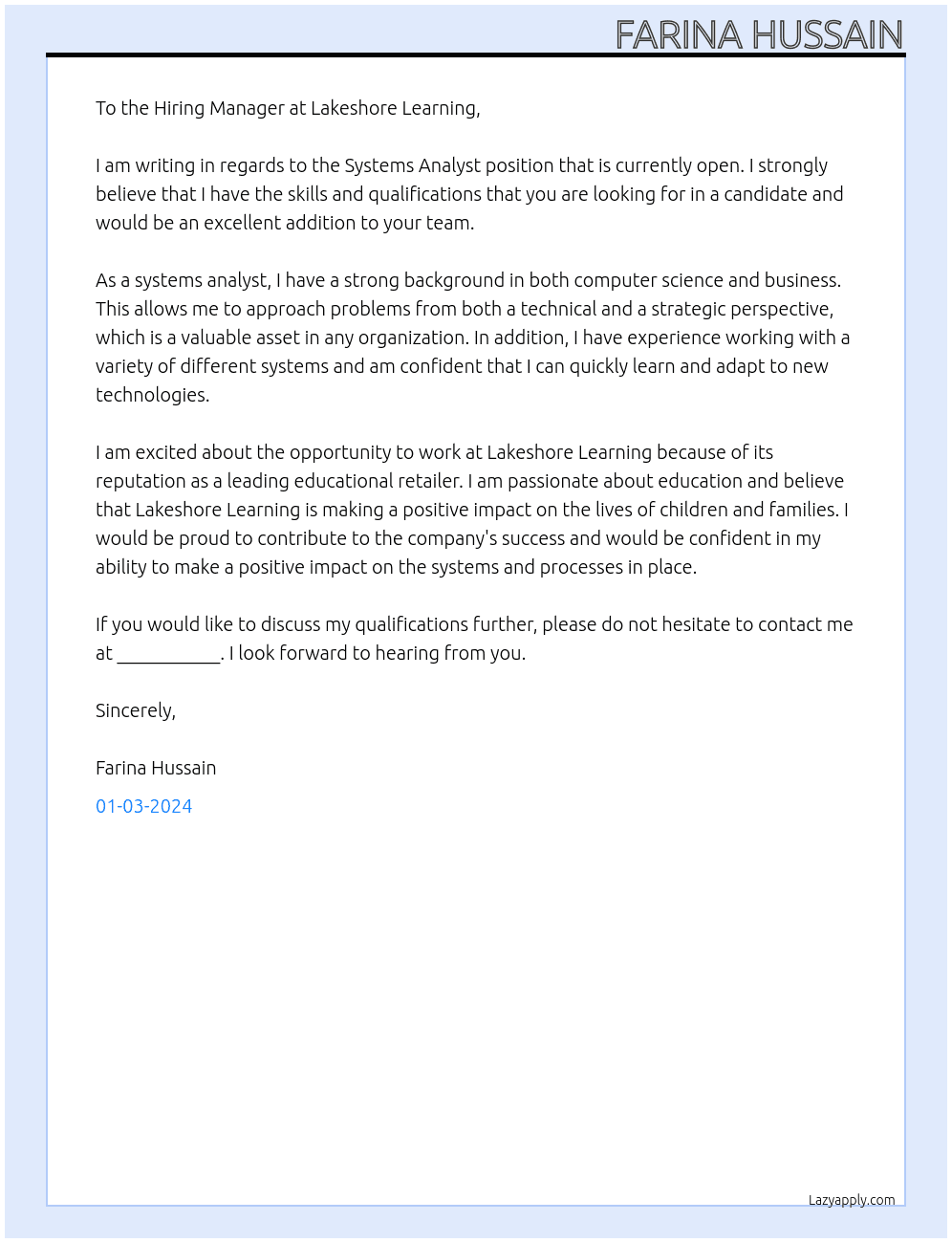 Systems Analyst At Lakeshore Learning Cover Letter