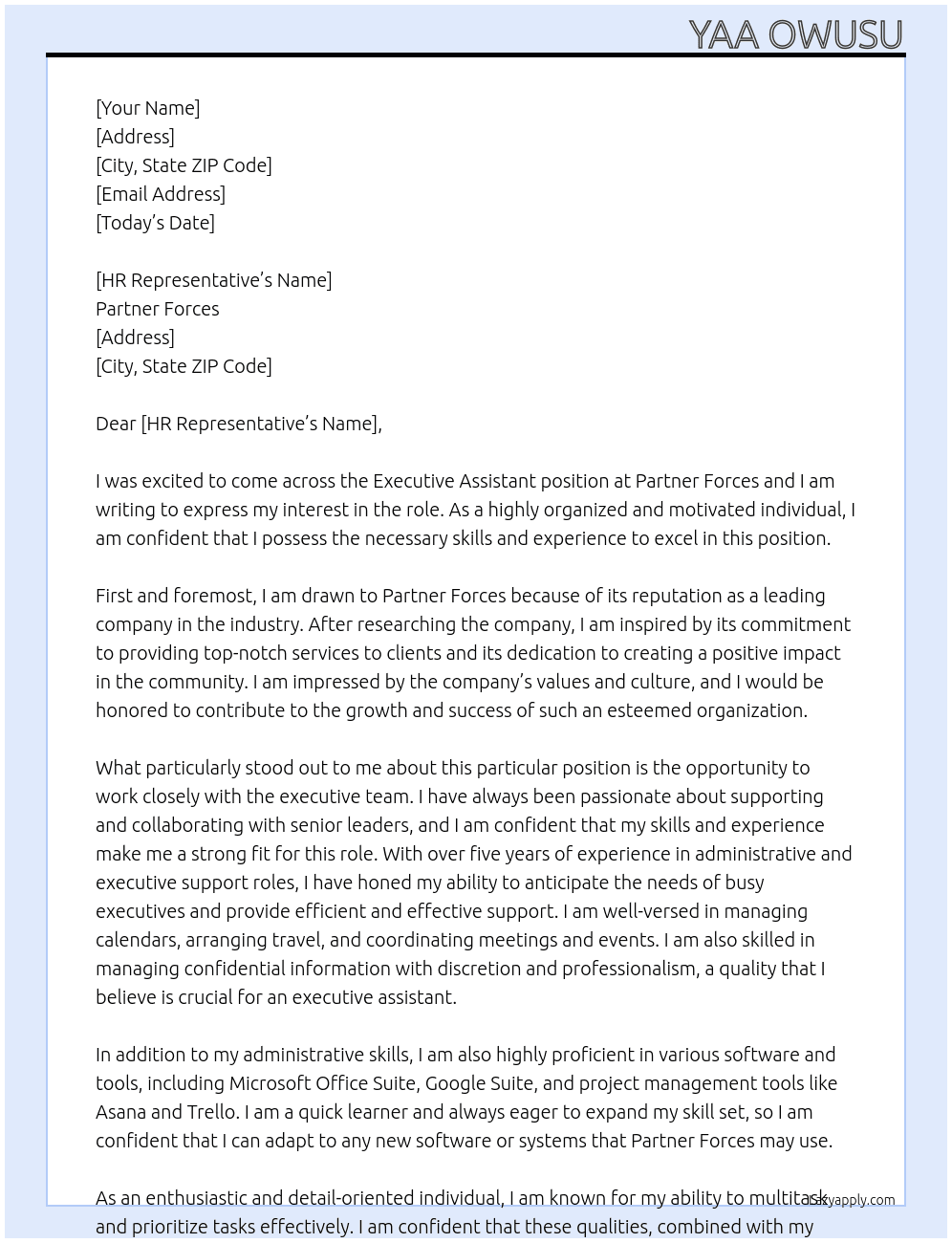 executive assistant At partner forces Cover Letter