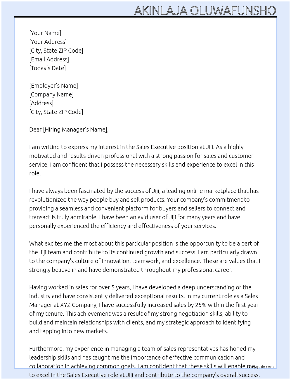 Sales executive  At Jiji Cover Letter