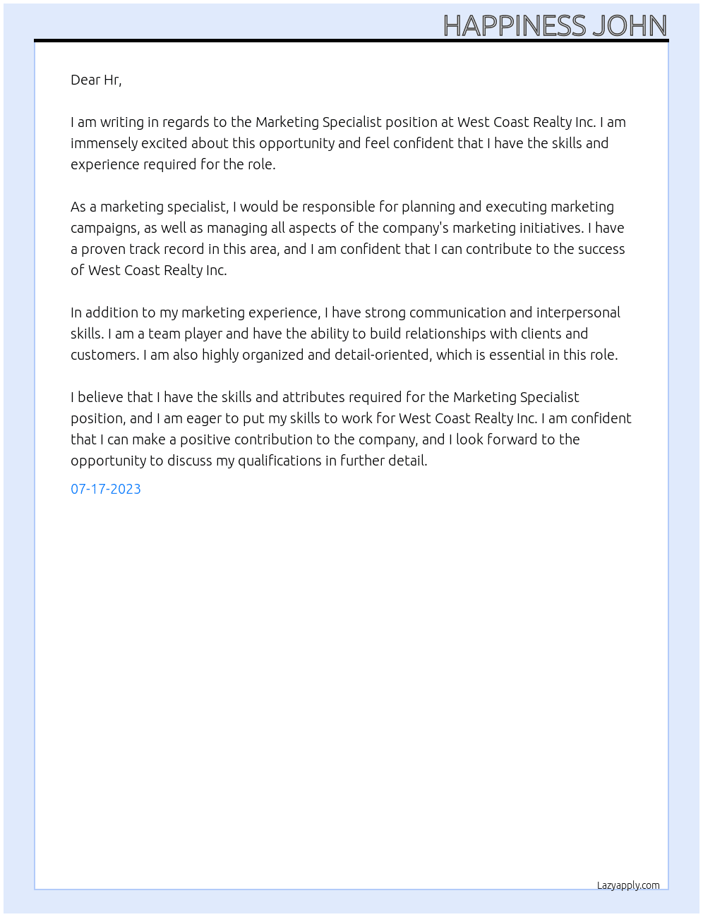 Marketing Specialist At West Coast Realty Inc Cover Letter