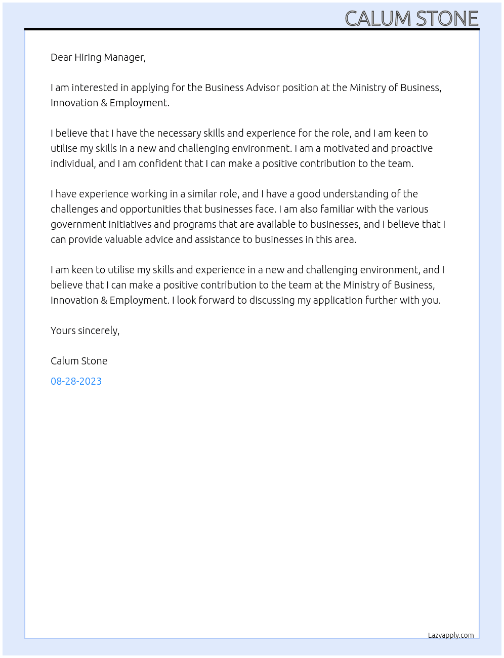 Business Advisor At Ministry of Business, Innovation & Employment Cover Letter
