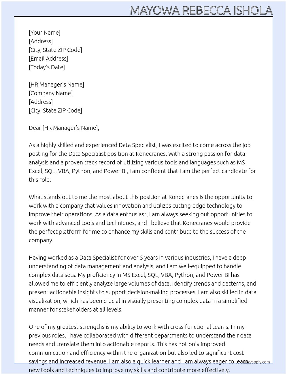 Data Specialist At Konecranes Cover Letter