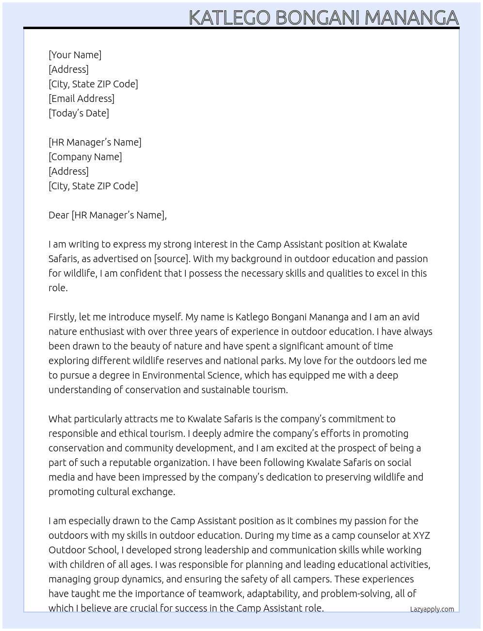 CAMP ASSISTANT At KWALATE SAFARIS Cover Letter