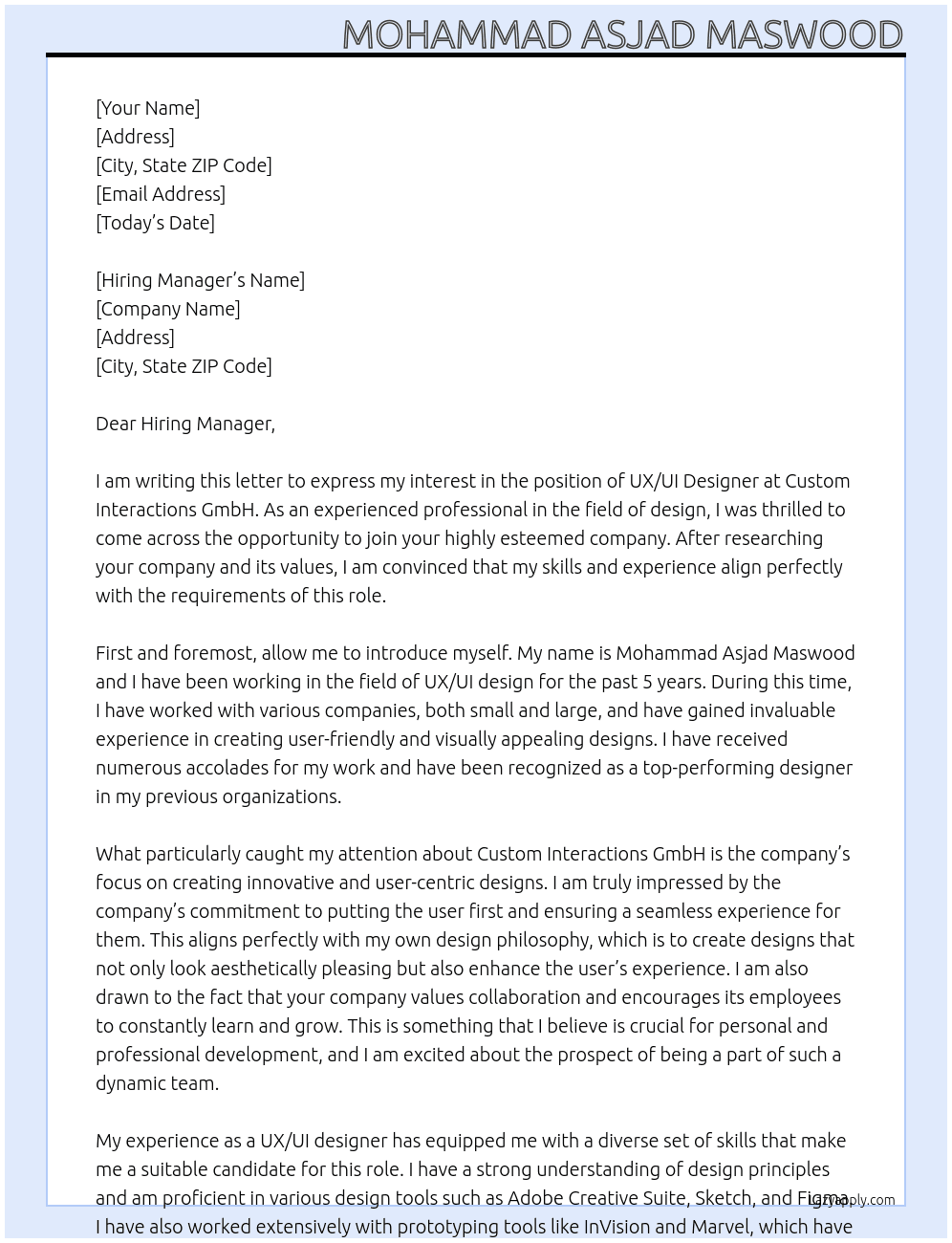 UX/UI Designer At Custom Intercations GmbH Cover Letter