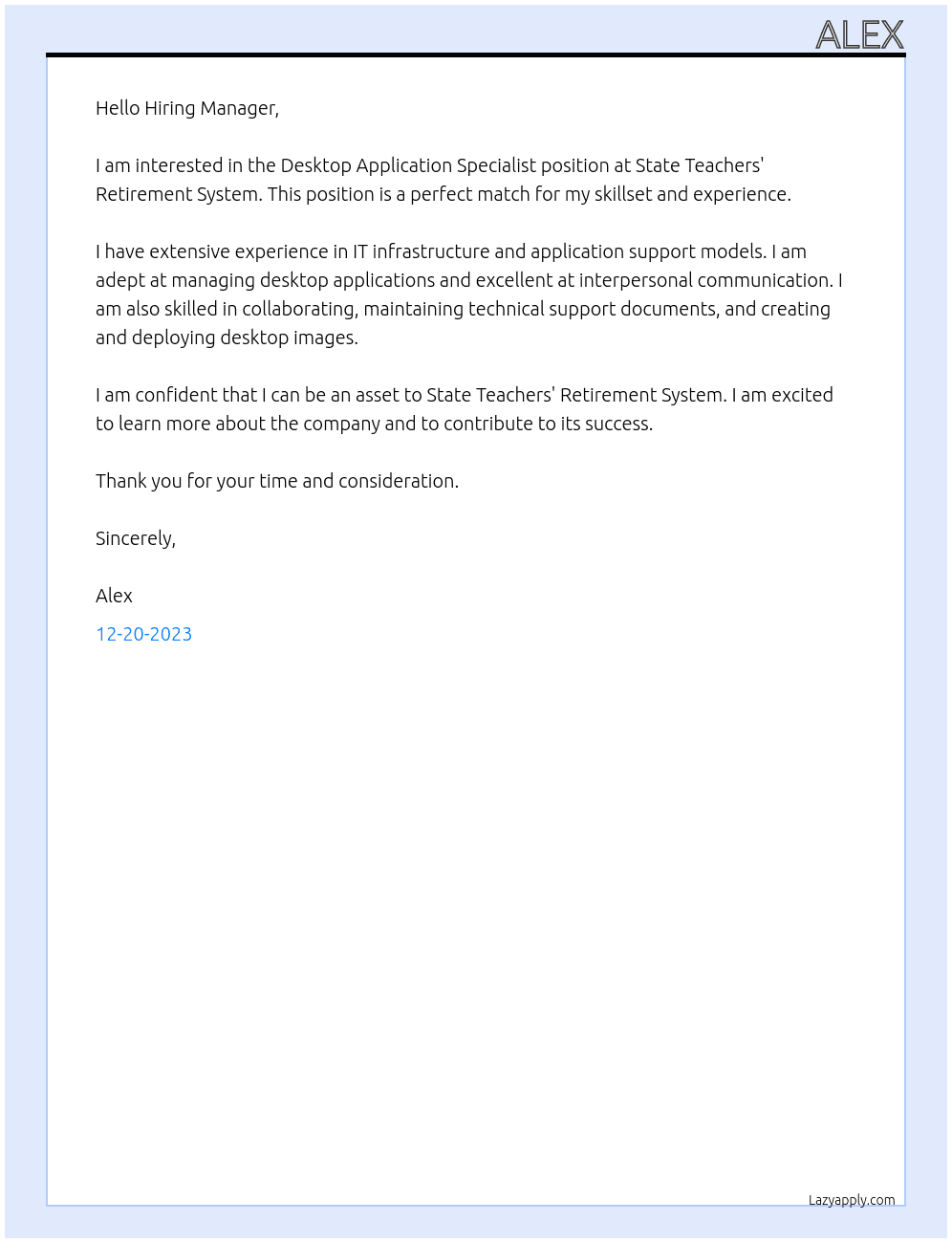  Desktop Application Specialist At State Teachers' Retirement System Cover Letter