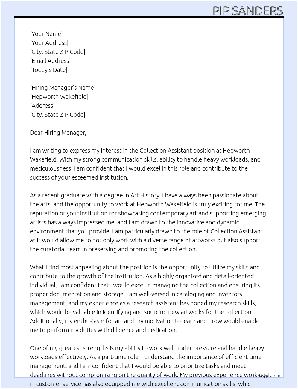 Collection assistant  At Hepworth Wakefield  Cover Letter