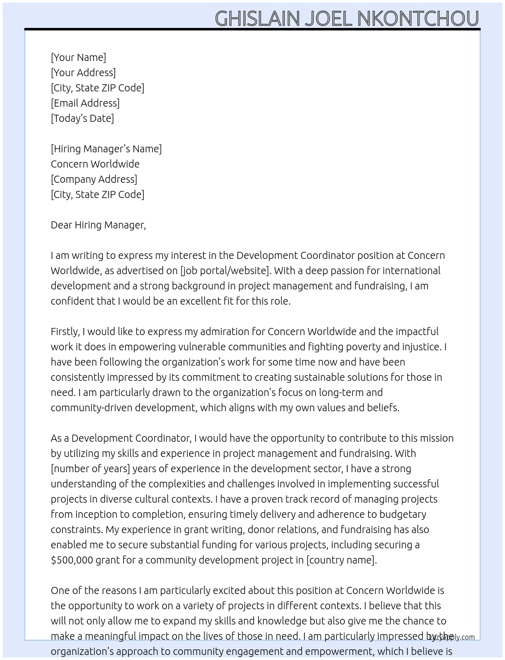 Development Coordinator At Concern Worldwide Cover Letter