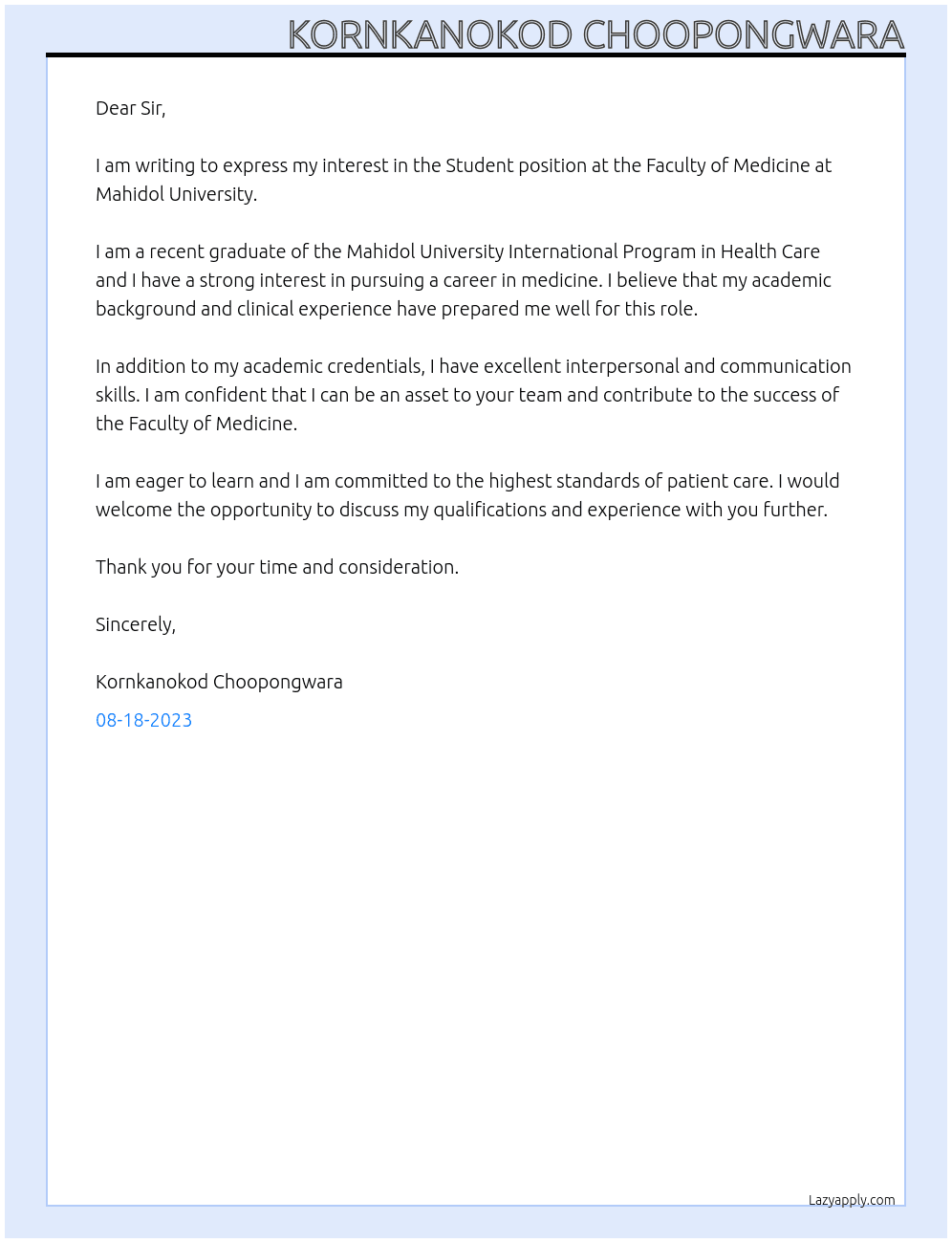 Student At Faculty of medicine at Mahidol University Cover Letter