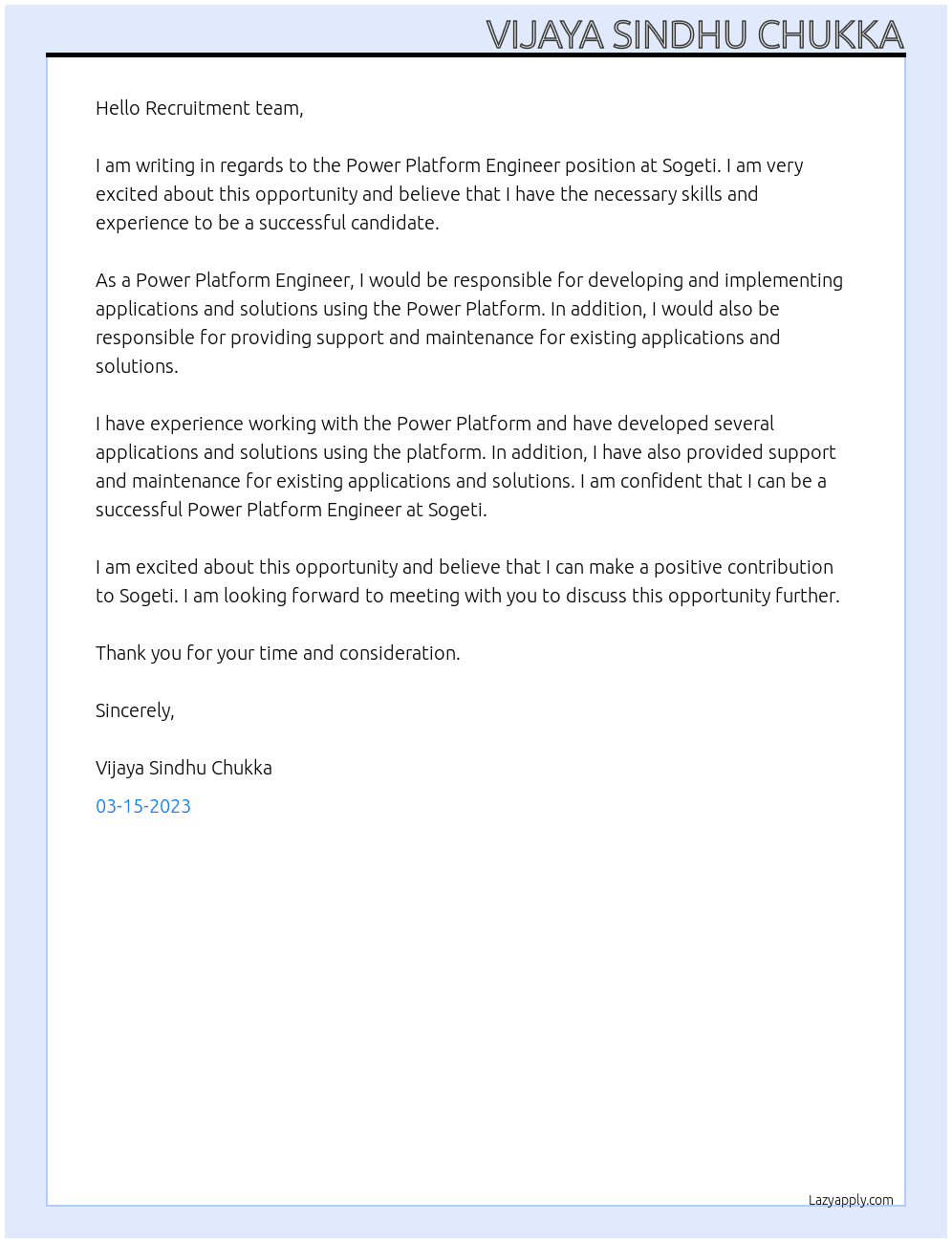 Power Platform Engineer At Sogeti Cover Letter