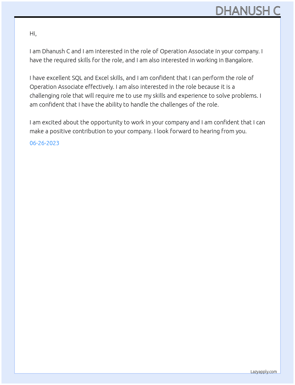 Operation Associate At Any Cover Letter