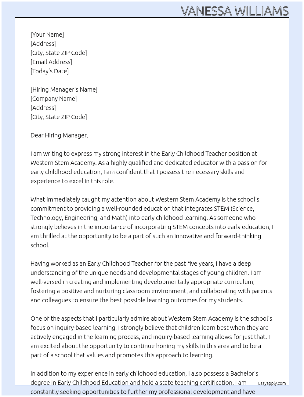 Early childhood Teacher At Western Stem Academy Cover Letter