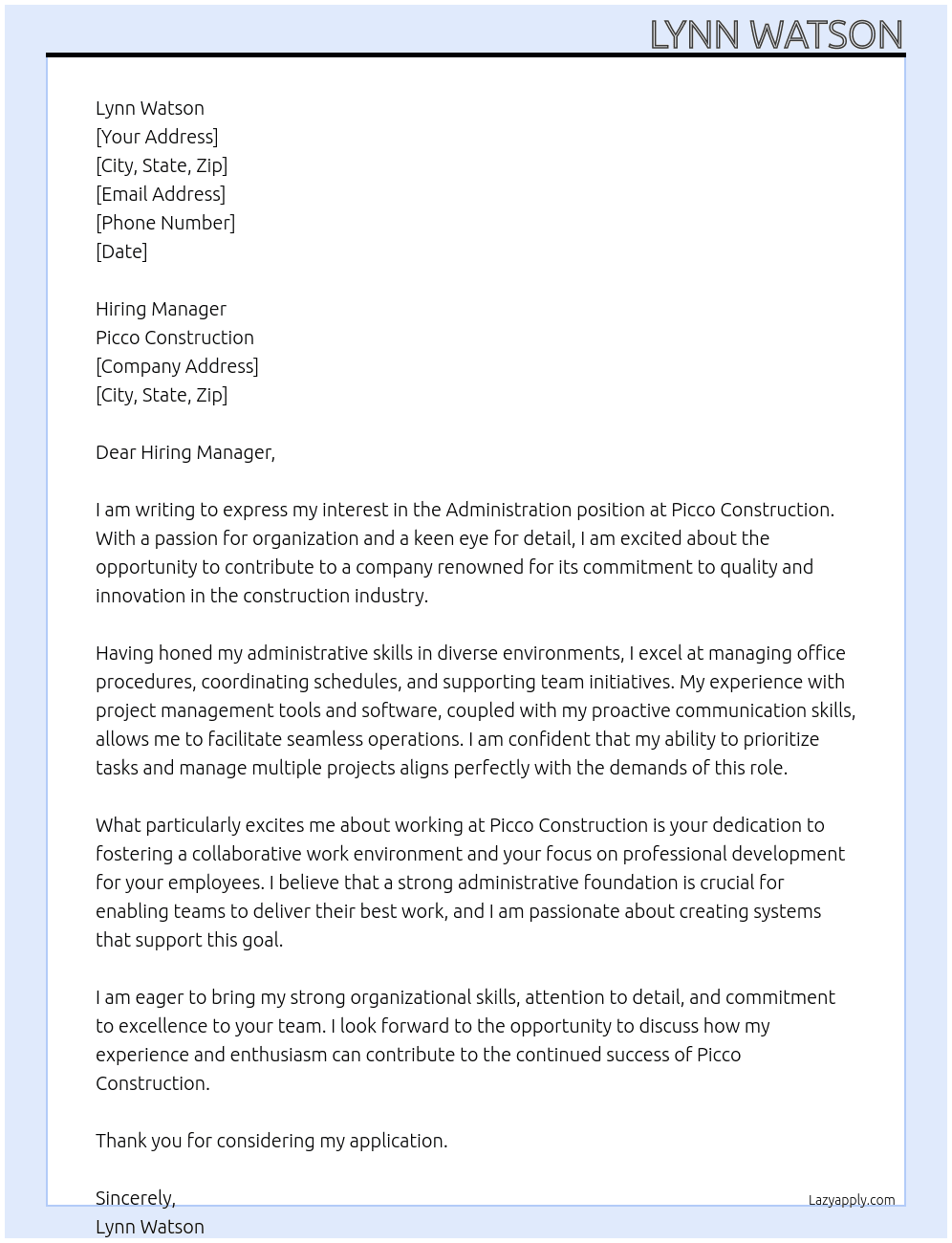 ADMISTRATION At Picco construction Cover Letter