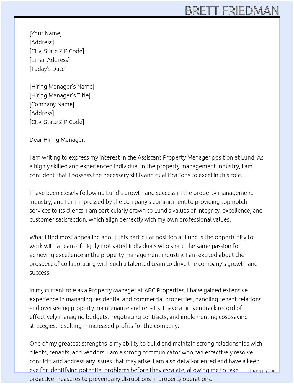 Assistant Property Manger At Lund Cover Letter